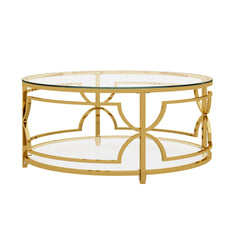Round Tempered Glass Coffee Table in 30.7",Luxurious Geometric Metal Frame,Gold Finish & Lower Shelf, Transparent