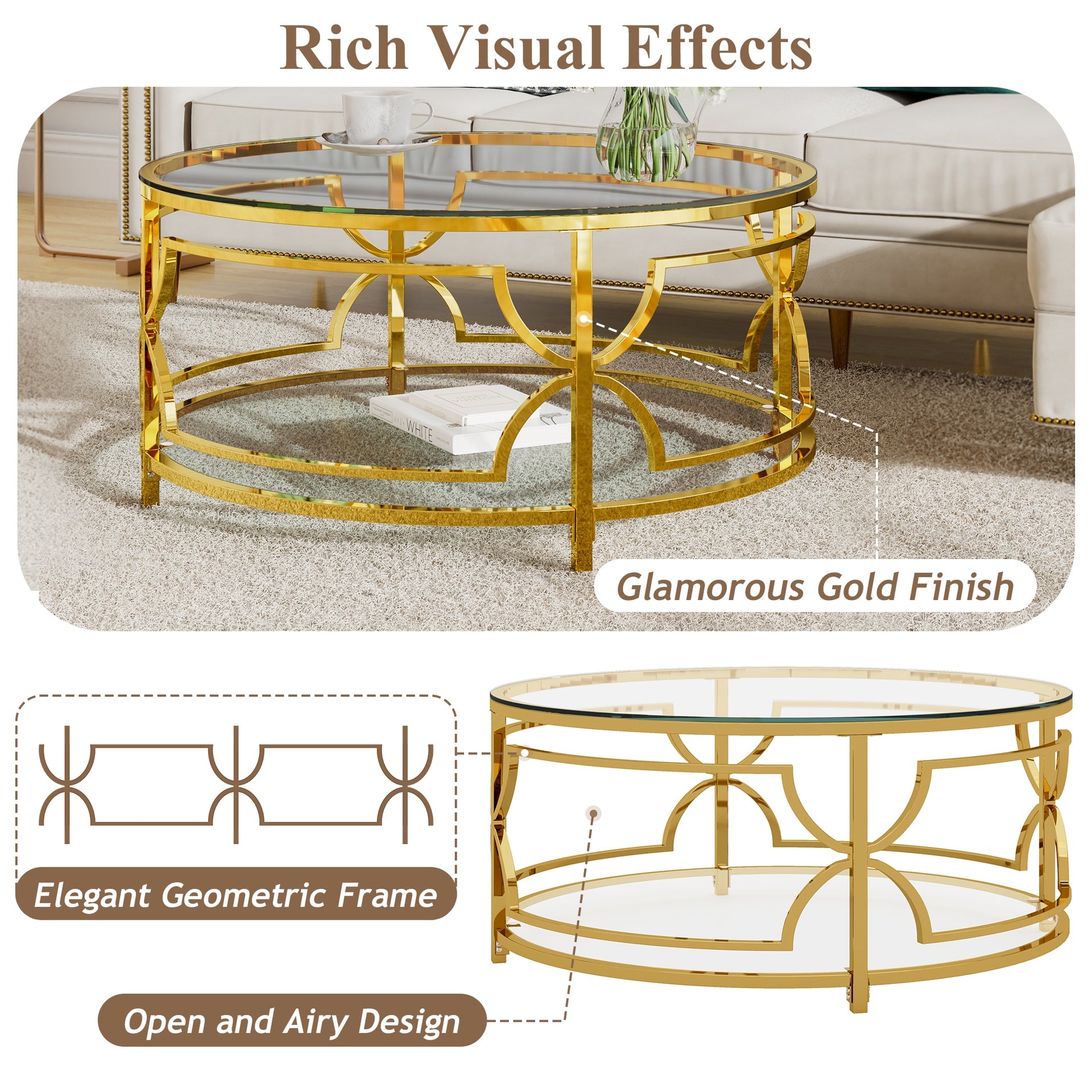 Round Tempered Glass Coffee Table in 30.7",Luxurious Geometric Metal Frame,Gold Finish & Lower Shelf, Transparent