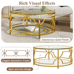 Round Tempered Glass Coffee Table in 30.7",Luxurious Geometric Metal Frame,Gold Finish & Lower Shelf, Transparent