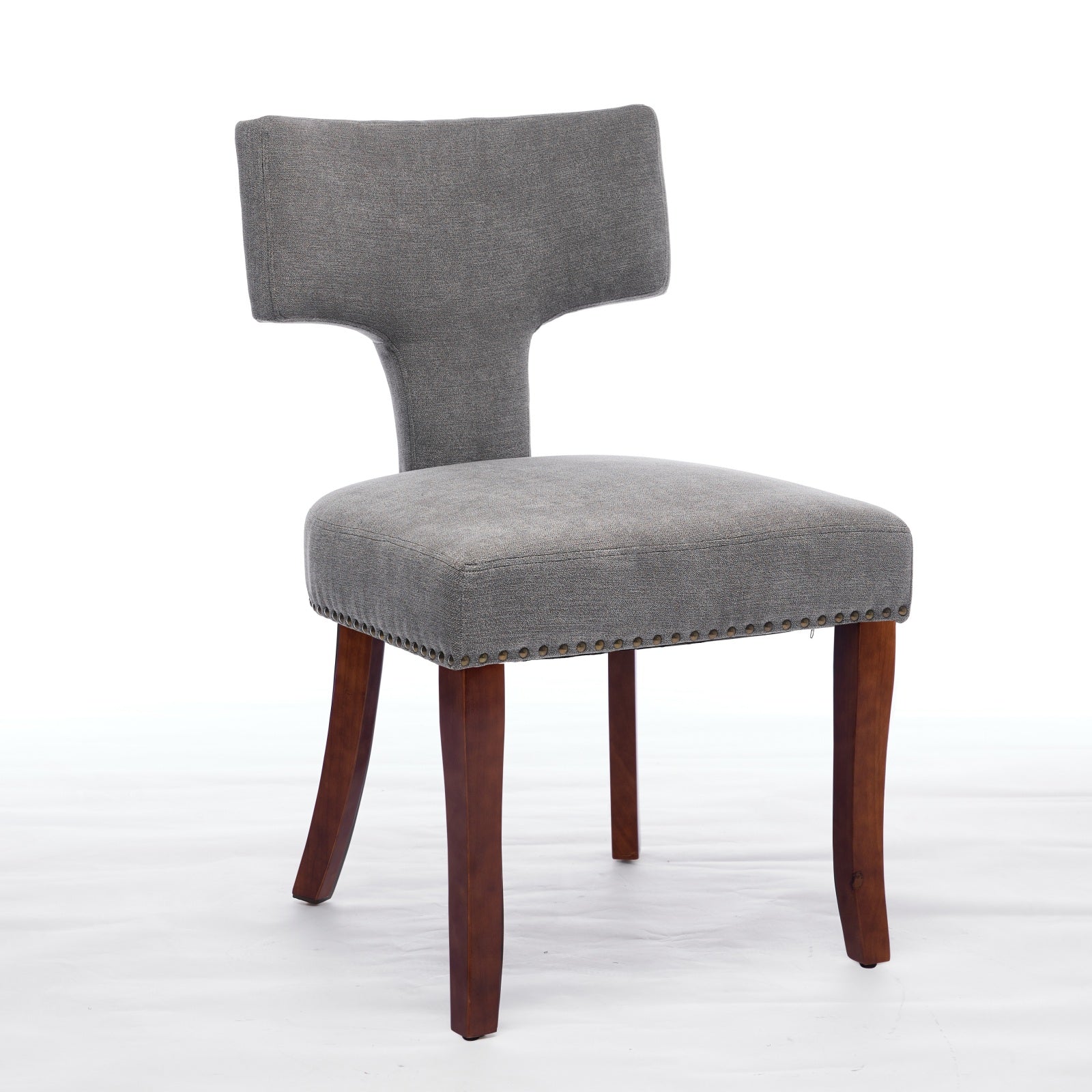 Mid Century Modern Dining Chairs Set of 2, Farmhouse Linen Fabric Upholstered Accent Chair Curved Backrest with Copper Nails around,Kitchen Chairs with Hardwood Frame, Gray