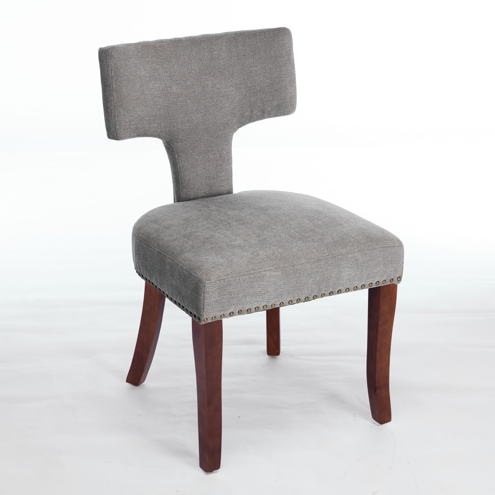 Mid Century Modern Dining Chairs Set of 2, Farmhouse Linen Fabric Upholstered Accent Chair Curved Backrest with Copper Nails around,Kitchen Chairs with Hardwood Frame, Gray
