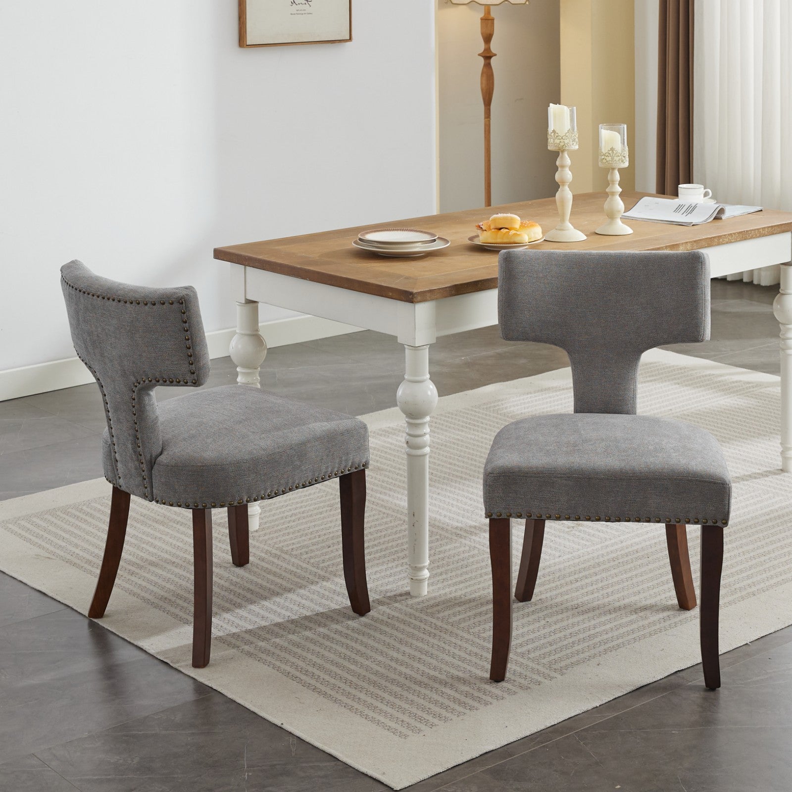 Mid Century Modern Dining Chairs Set of 2, Farmhouse Linen Fabric Upholstered Accent Chair Curved Backrest with Copper Nails around,Kitchen Chairs with Hardwood Frame, Gray