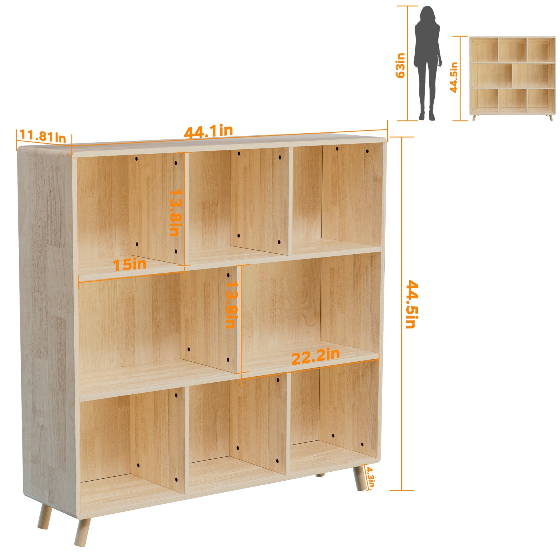 Pine Wood 8-Compartment Storage Cabinet, 44"L x44" H Fixed Shelves Organizer for Books/Toys/Home Décor, Modern Wooden Bookcase, Multi-Compartment Cabinet for Home/Office