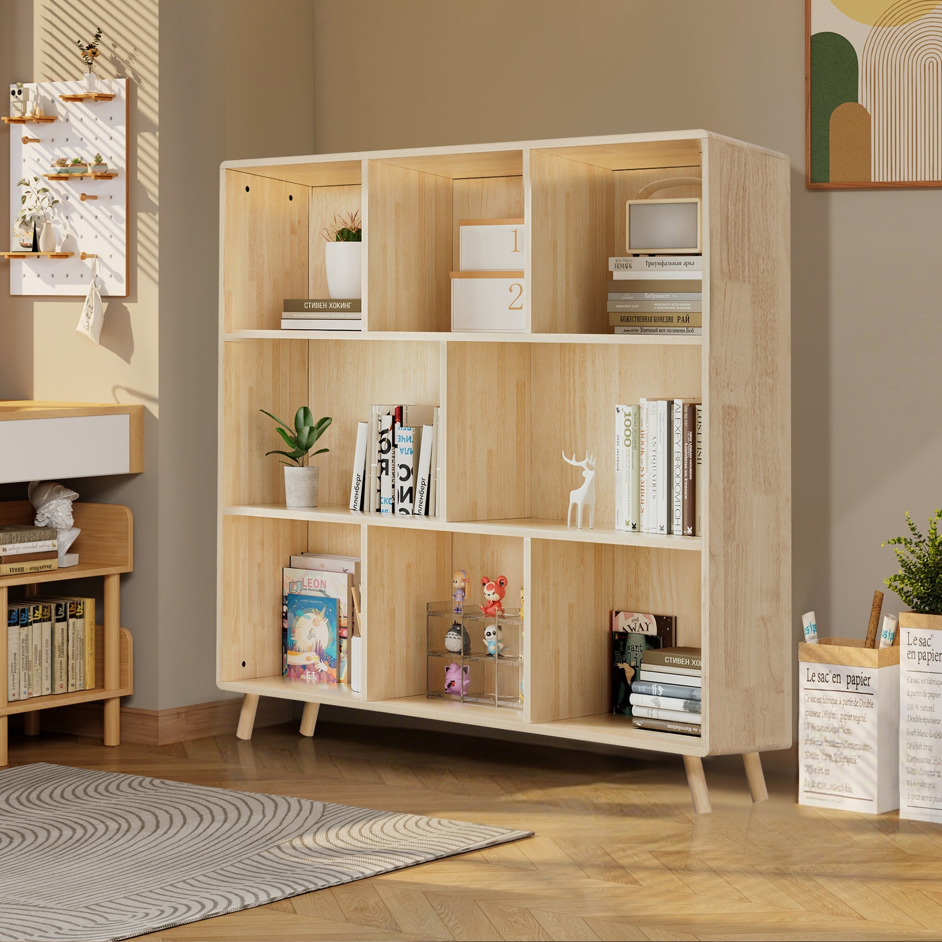 Pine Wood 8-Compartment Storage Cabinet, 44"L x44" H Fixed Shelves Organizer for Books/Toys/Home Décor, Modern Wooden Bookcase, Multi-Compartment Cabinet for Home/Office