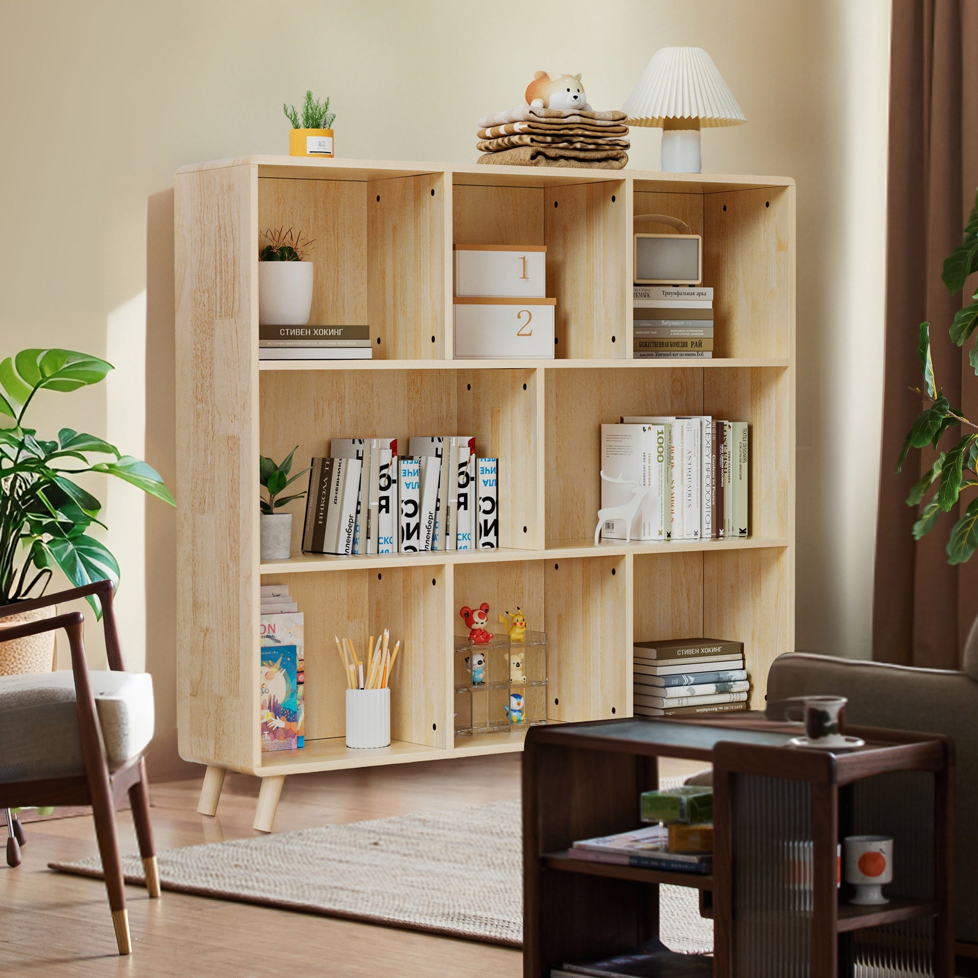 Pine Wood 8-Compartment Storage Cabinet, 44"L x44" H Fixed Shelves Organizer for Books/Toys/Home Décor, Modern Wooden Bookcase, Multi-Compartment Cabinet for Home/Office