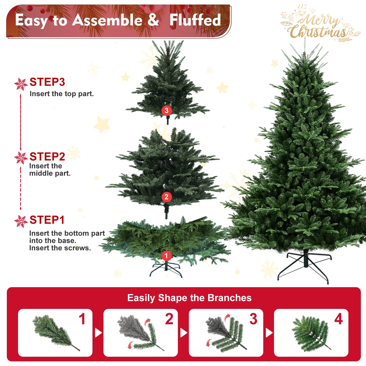 Full-Shaped 7FT Christmas Tree with 2257 Tips – PE/PVC Mixed Needles, Wide Base for Large Spaces, Hinged Structure for Easy Setup, Metal Stand for Strong Support*