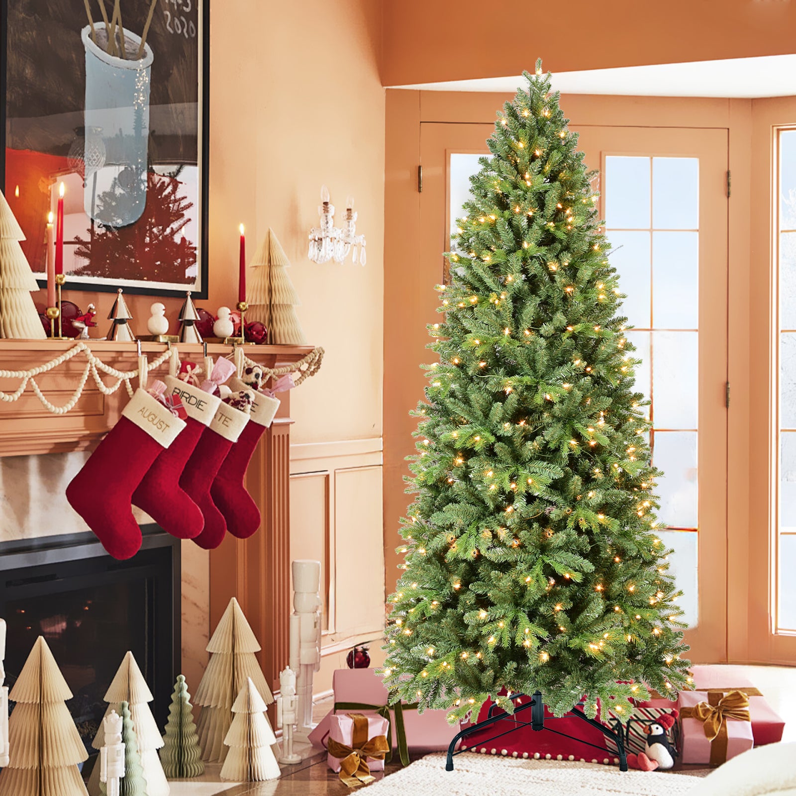 7FT Christmas Tree with 1375 Tips and 400 Warm White LED Lights – PVC+PE Mixed Branches, Hinged Structure for Easy Setup, Metal Stand for Strong Support, Lush Holiday Decoration