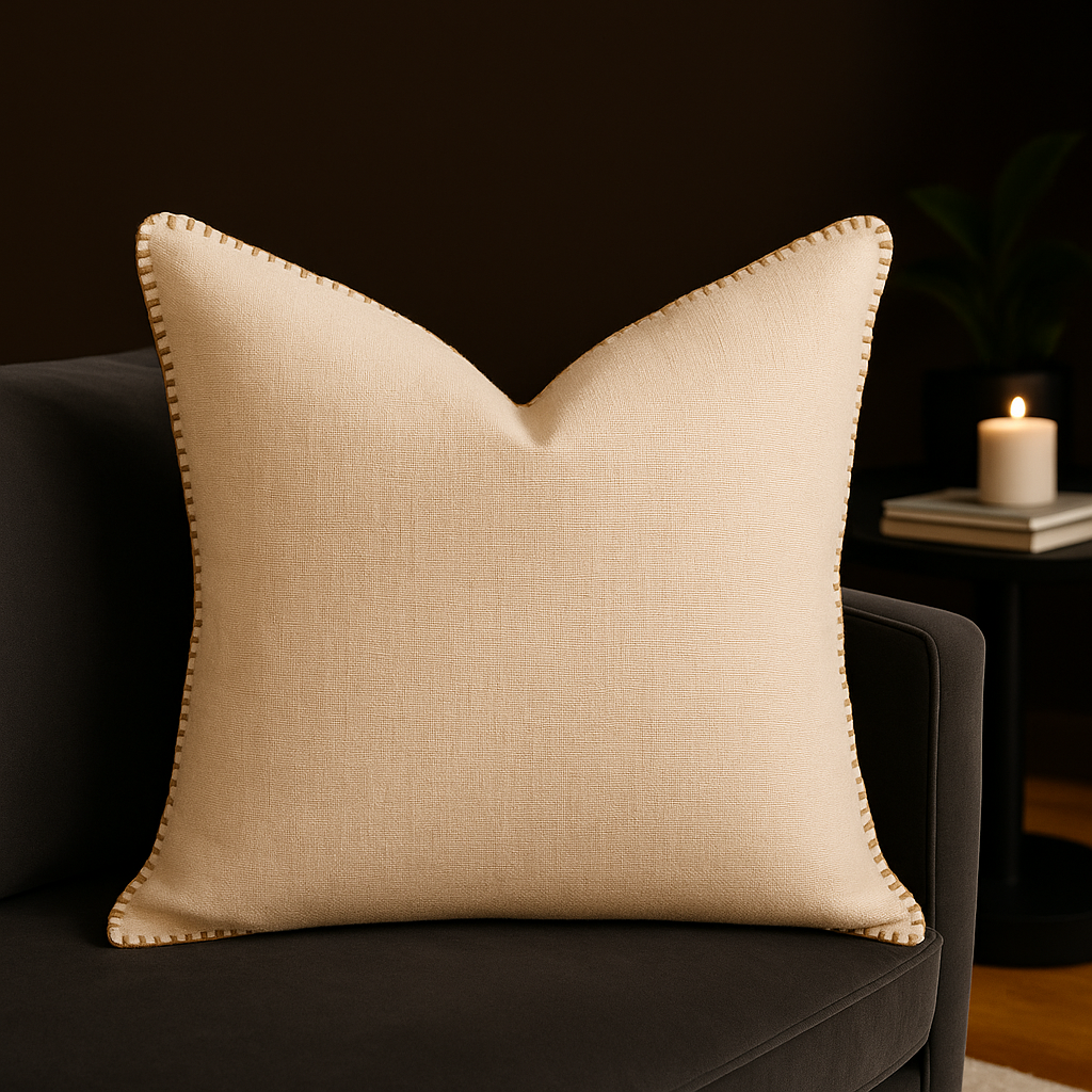 Homey COZY Ivory Linen-Style Throw Pillow – With Decorative Stitching for a Refined, Natural Look