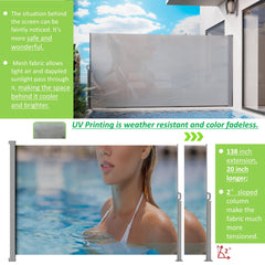 71"x138" Retractable Side Awning, Semi-transparent with UV printing,UPF50+, Ideal for blocking dust,sunshine and wind, Creating private space for garden,balcony and swimming pool.