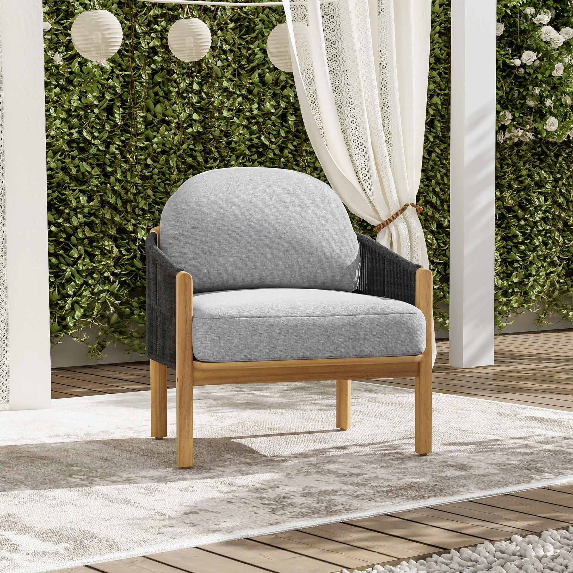 Grotta Outdoor Wood Club Chair, Dark Gray Rope with Gray Cushion