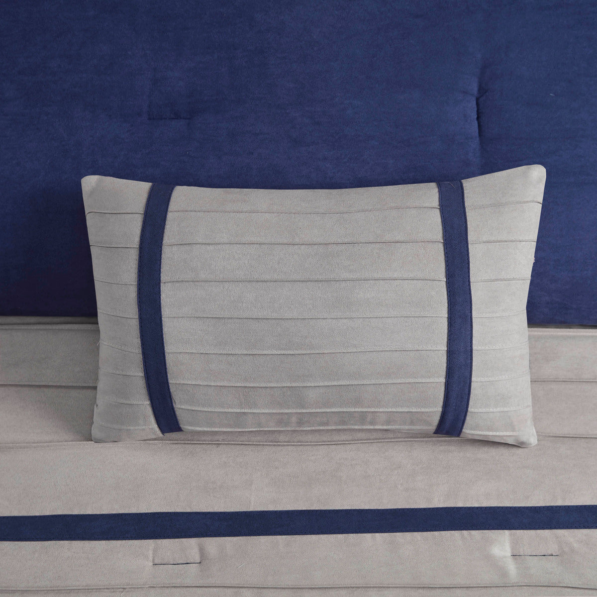 7 PC Pieced Faux Suede Comforter Set Blue Cal King