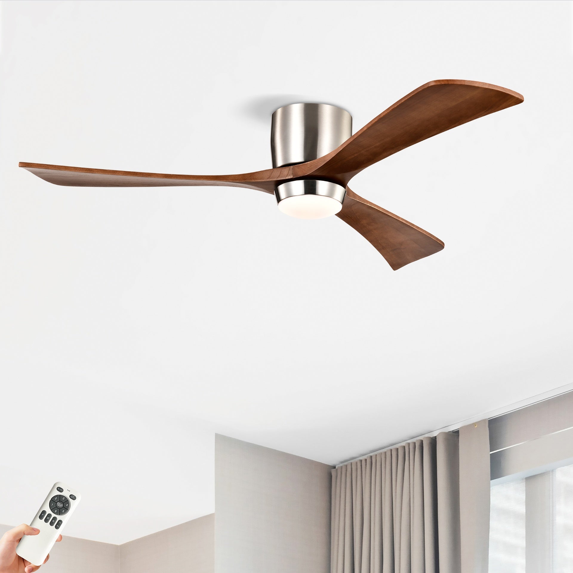 52" Flush Mount Solid Wood Blades Ceiling Fan with Lights Remote Control,Quiet DC Motor, 6 Speed ,Reversible Ceiling Fan for Patio Living Room, Bedroom, Office,Indoor.(Stain Nickel )