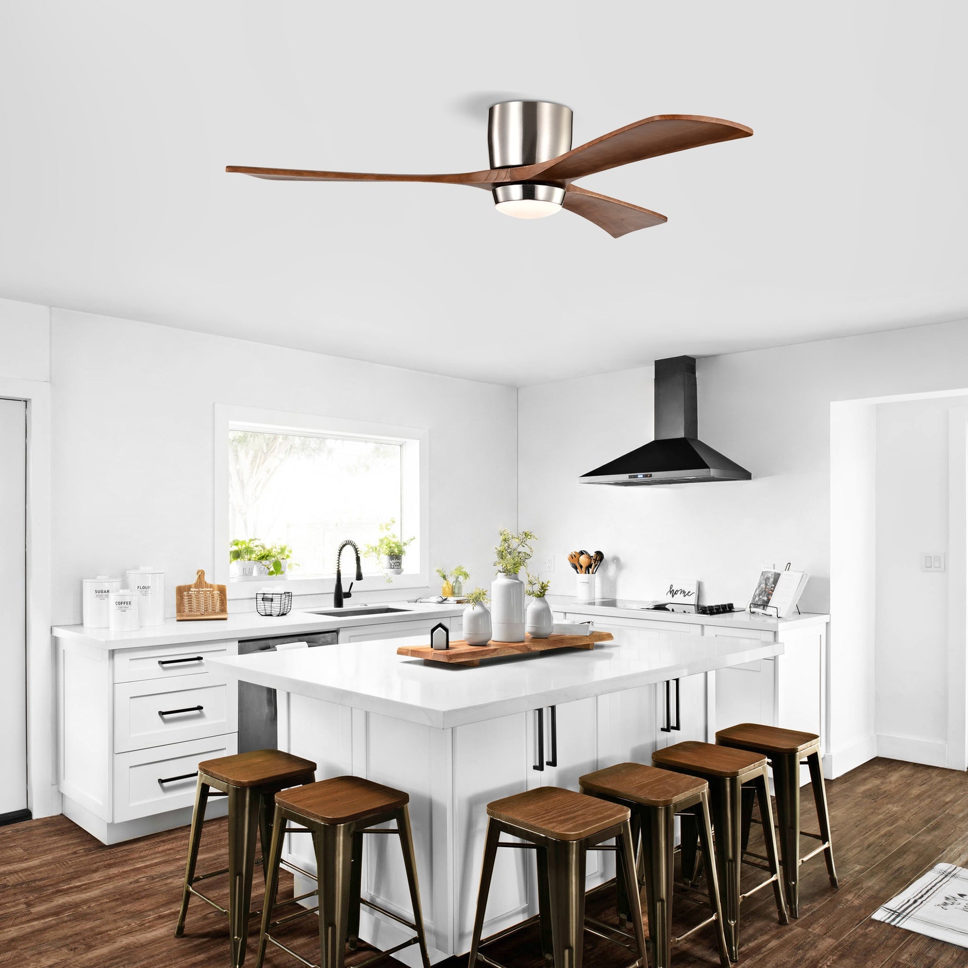 52" Flush Mount Solid Wood Blades Ceiling Fan with Lights Remote Control,Quiet DC Motor, 6 Speed ,Reversible Ceiling Fan for Patio Living Room, Bedroom, Office,Indoor.(Stain Nickel )