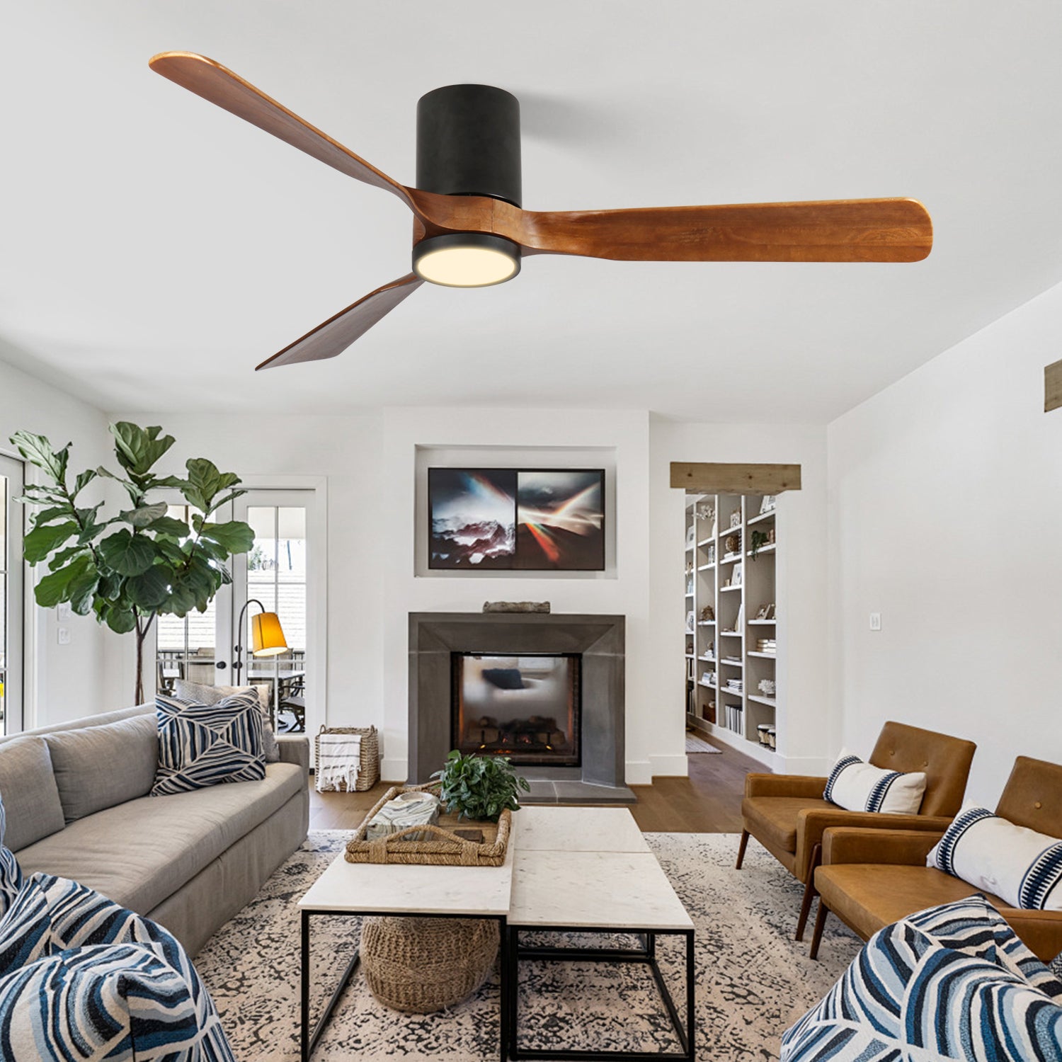60 in. LED Indoor/Outdoor Flush Mount Matte Black Ceiling Fan with Wood Blades, 6-Speed DC Remote Control