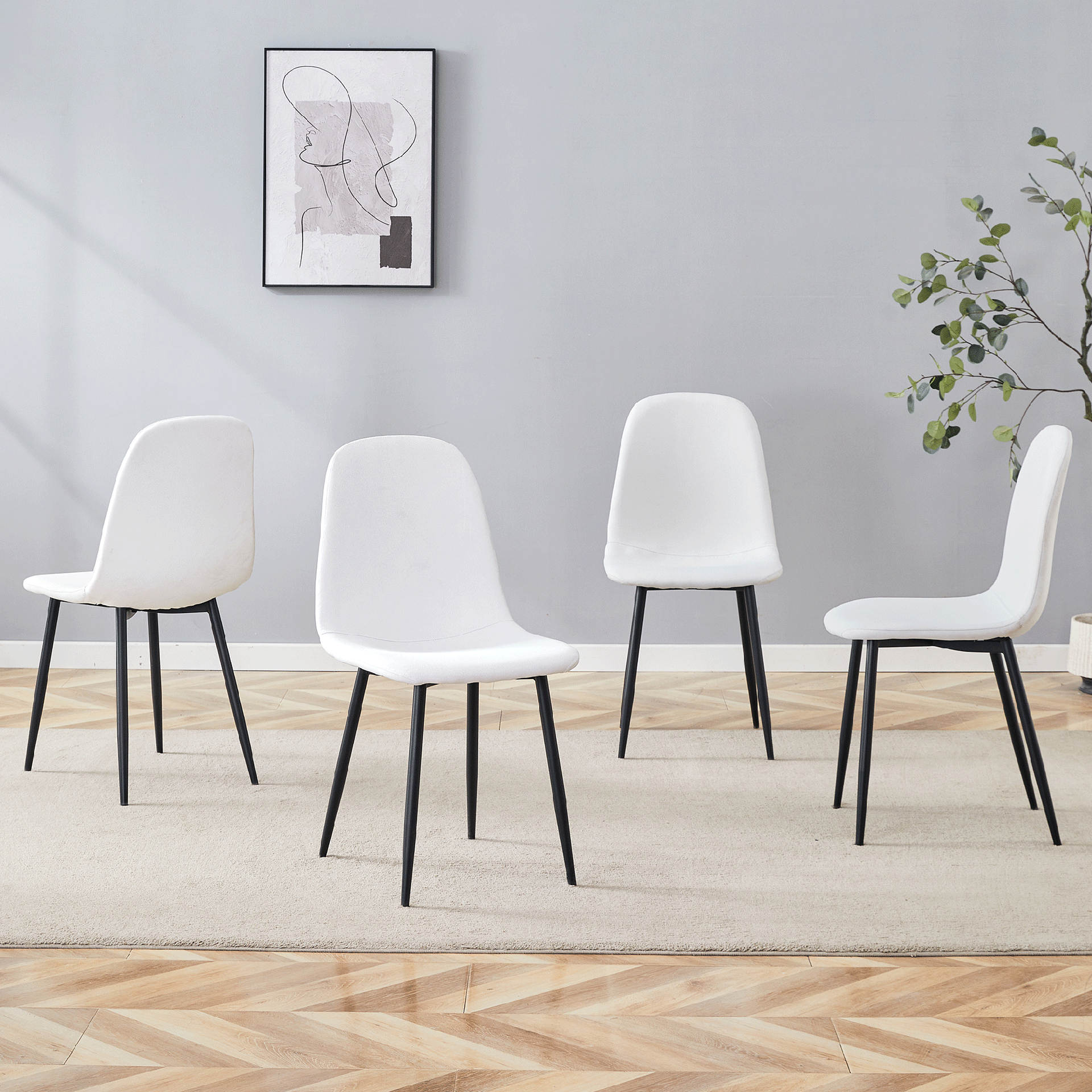Luxury Simple Chair - Set of 4 WHITE Linen-Cotton Material High Resilience Dining Chair with Metal Black Leg.Integral metal leg architecture,Suitable for various interior decoration styles.