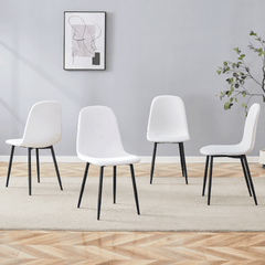 Luxury Simple Chair - Set of 4 WHITE Linen-Cotton Material High Resilience Dining Chair with Metal Black Leg.Integral metal leg architecture,Suitable for various interior decoration styles.
