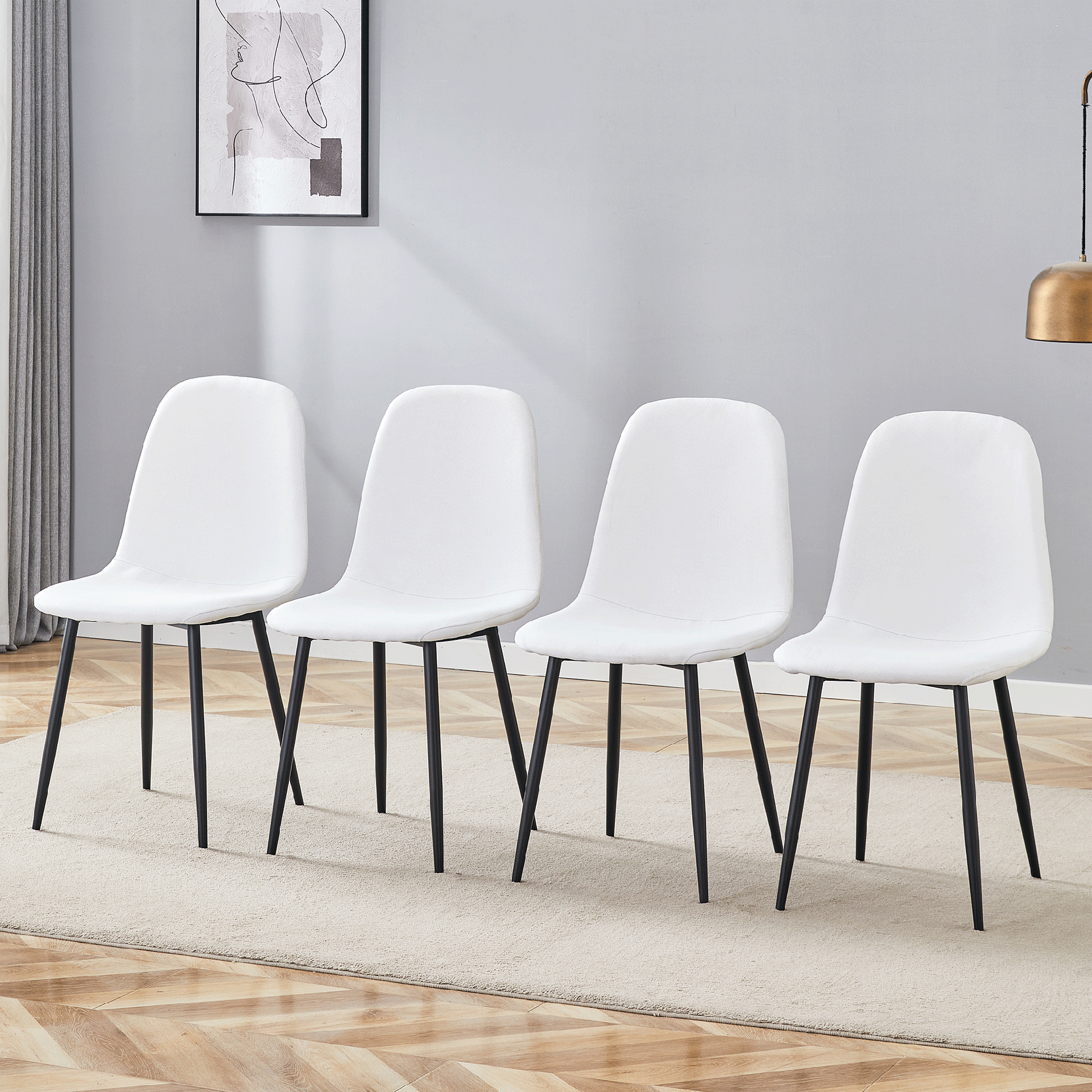 Luxury Simple Chair - Set of 4 WHITE Linen-Cotton Material High Resilience Dining Chair with Metal Black Leg.Integral metal leg architecture,Suitable for various interior decoration styles.