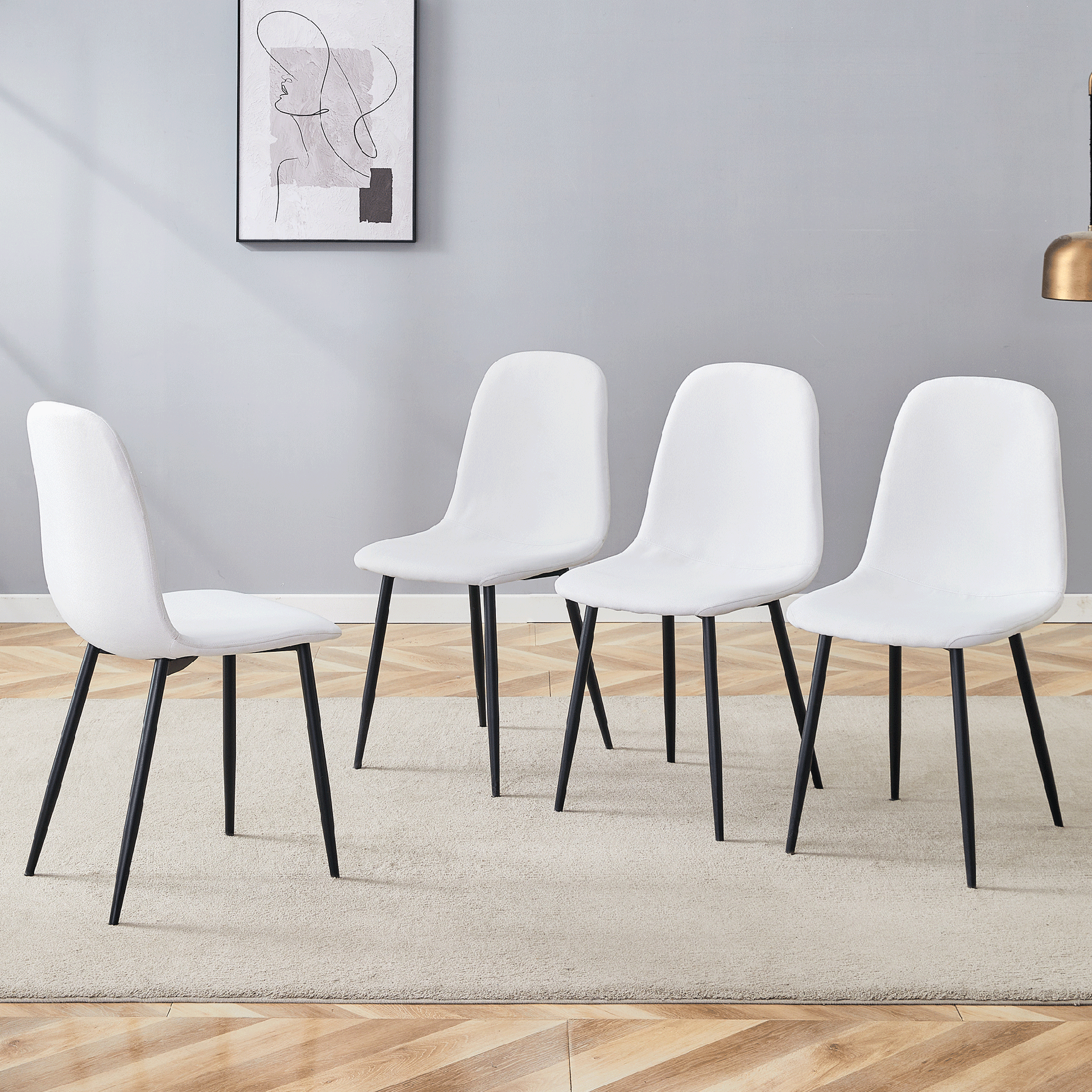 Luxury Simple Chair - Set of 4 WHITE Linen-Cotton Material High Resilience Dining Chair with Metal Black Leg.Integral metal leg architecture,Suitable for various interior decoration styles.