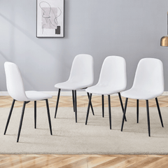 Luxury Simple Chair - Set of 4 WHITE Linen-Cotton Material High Resilience Dining Chair with Metal Black Leg.Integral metal leg architecture,Suitable for various interior decoration styles.
