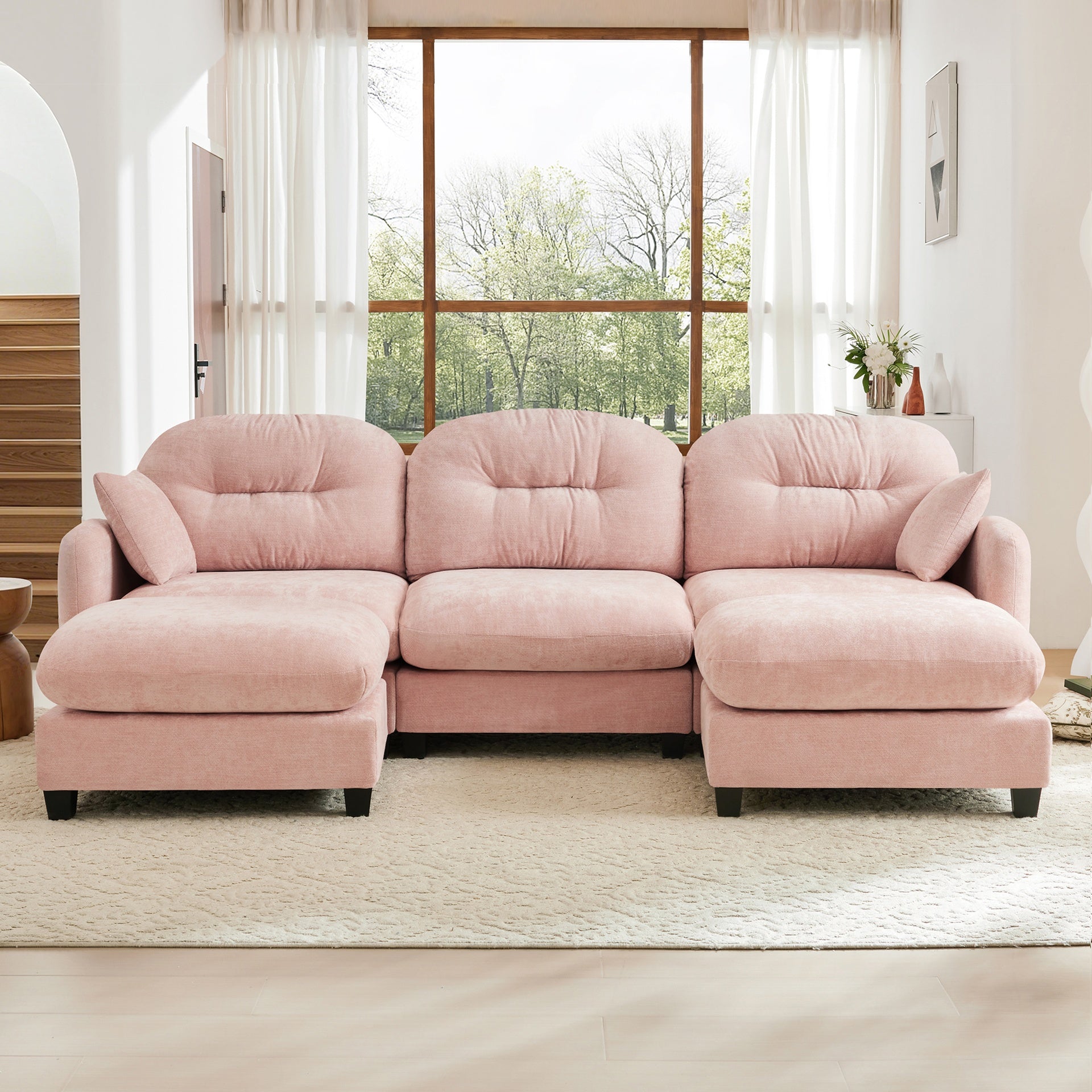 Modular Sectional U Shaped Couch With Ottoman,Premium Chenille Fabric,With 2 Throw Pillows,High-Density Foam Tufted Cushion Backrest Design,Easy Install,Fits Bedrooms,Reading Nooks,Pink