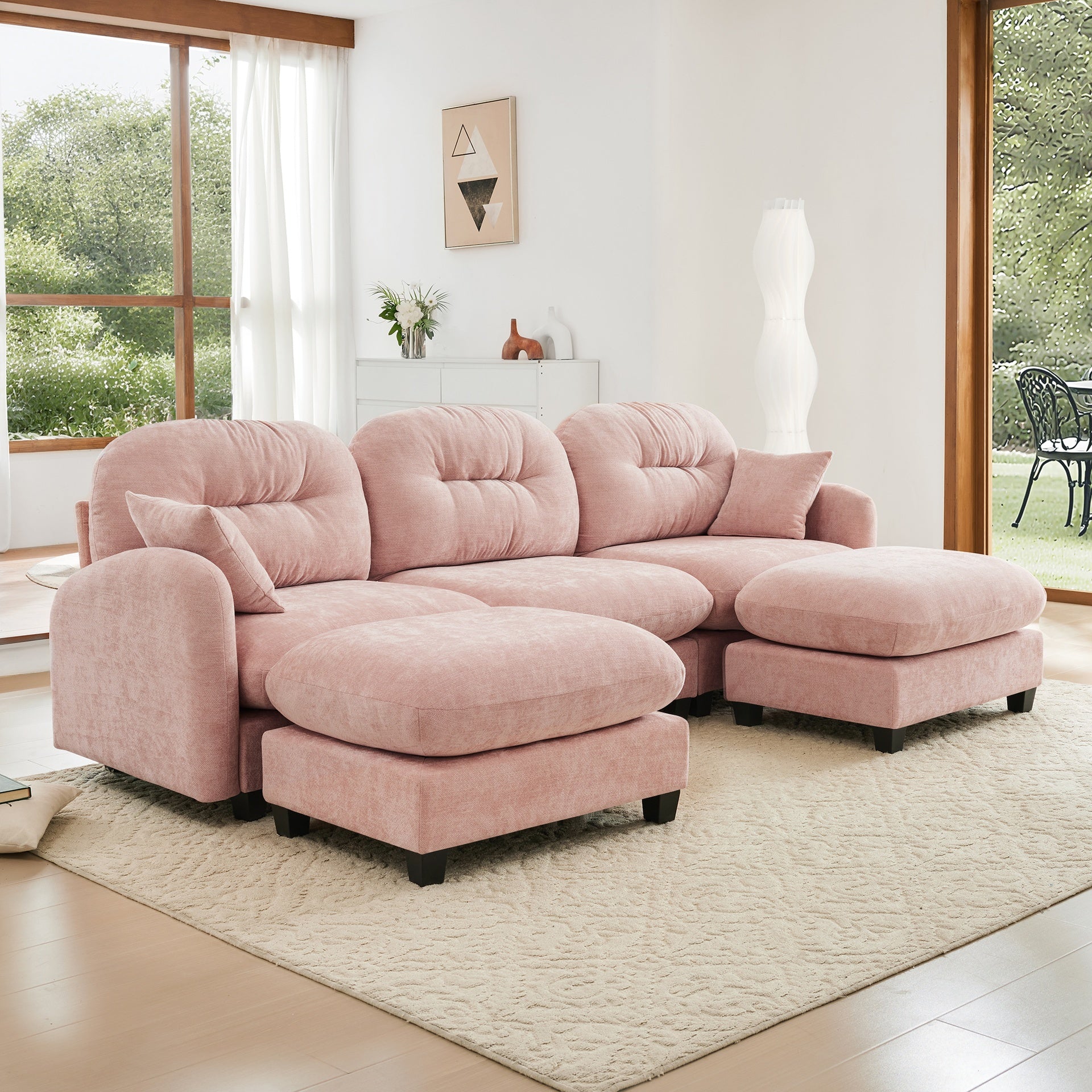 Modular Sectional U Shaped Couch With Ottoman,Premium Chenille Fabric,With 2 Throw Pillows,High-Density Foam Tufted Cushion Backrest Design,Easy Install,Fits Bedrooms,Reading Nooks,Pink