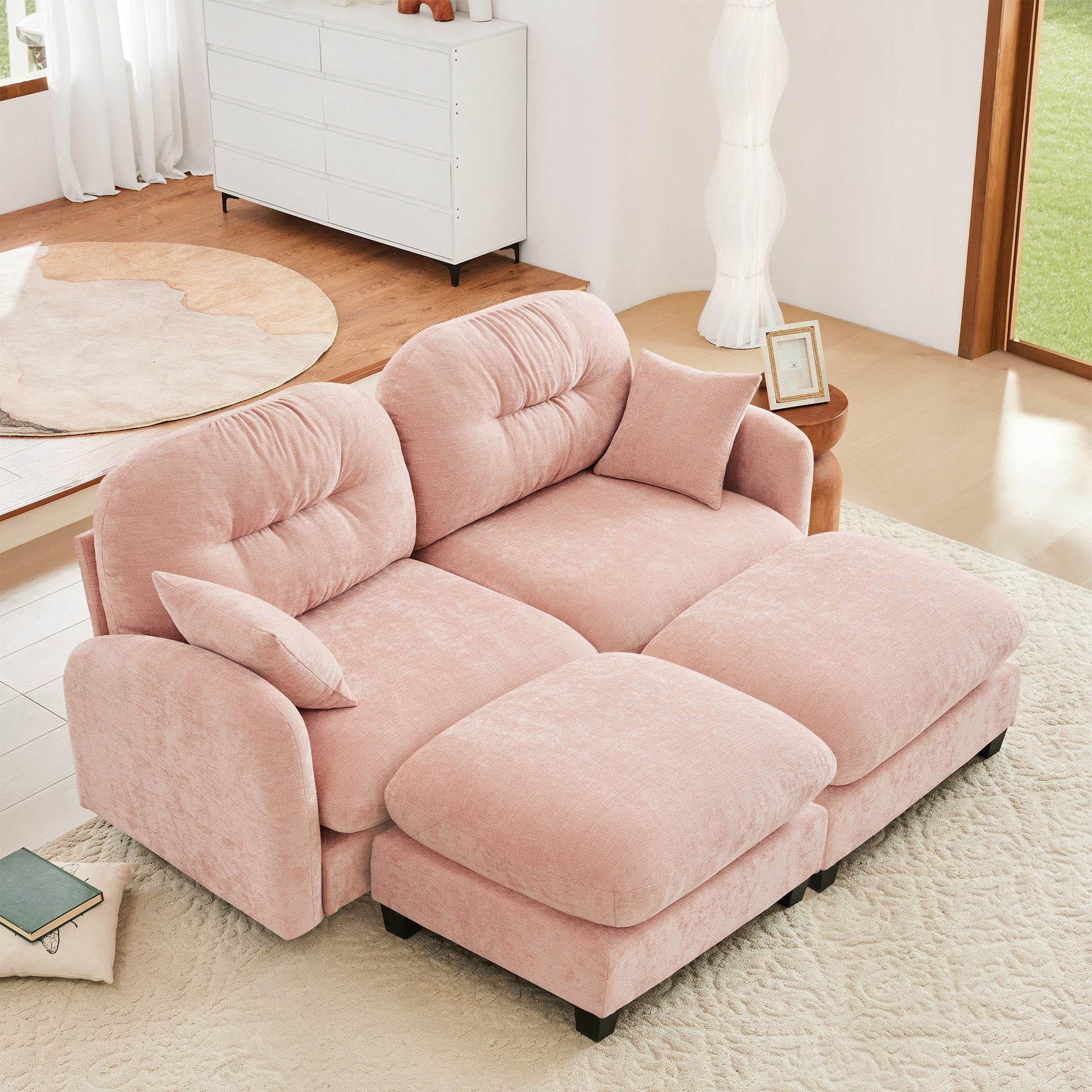Cloud Sectional Couches,Premium Chenille Fabric Paired With Soft Throw Pillows,Tufted Cushion Backrest Design High-Density Foam Ergonomic Design Easy Install Elegant Armrests,Fits Bedrooms,Pink