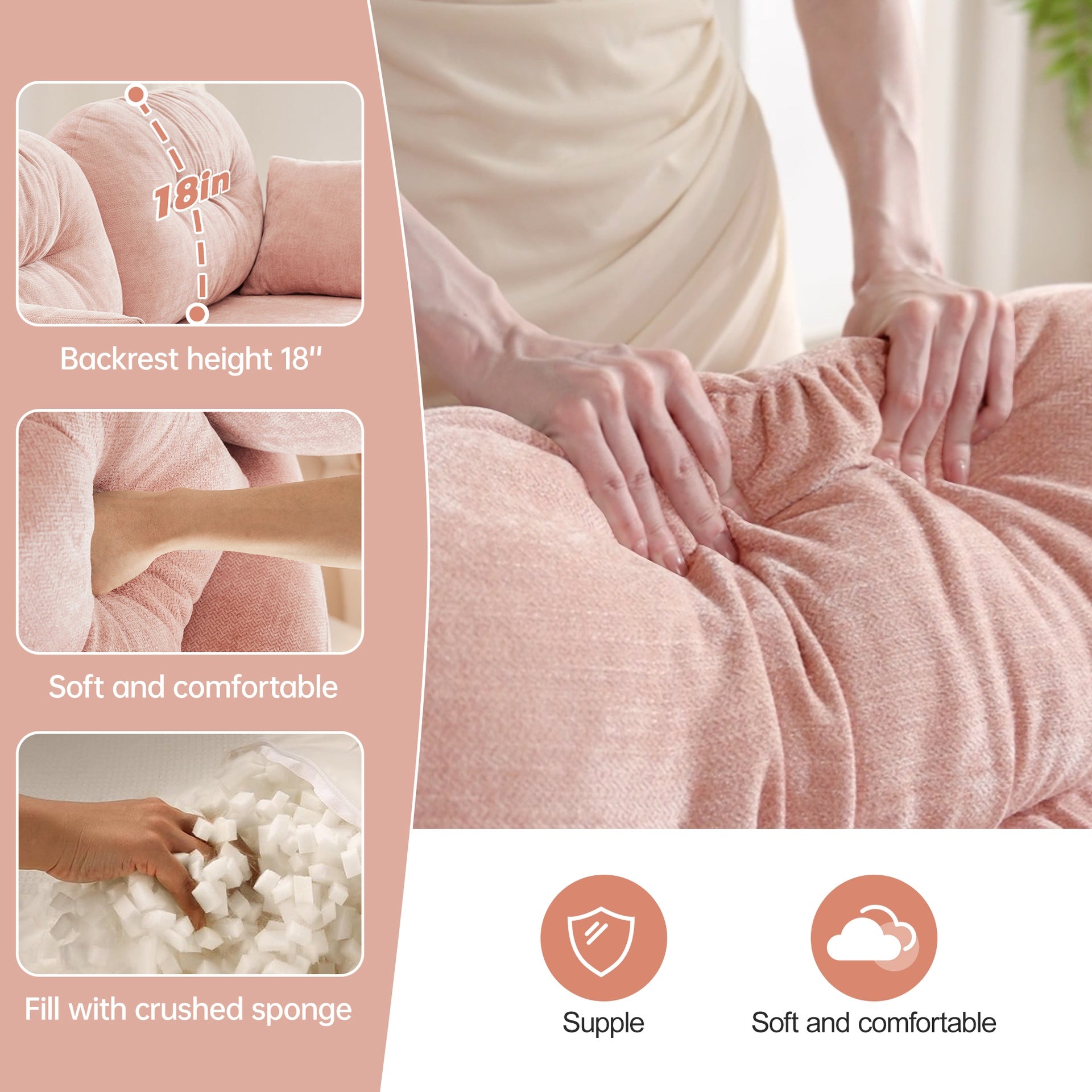 Cloud Sectional Couches,Premium Chenille Fabric Paired With Soft Throw Pillows,Tufted Cushion Backrest Design High-Density Foam Ergonomic Design Easy Install Elegant Armrests,Fits Bedrooms,Pink