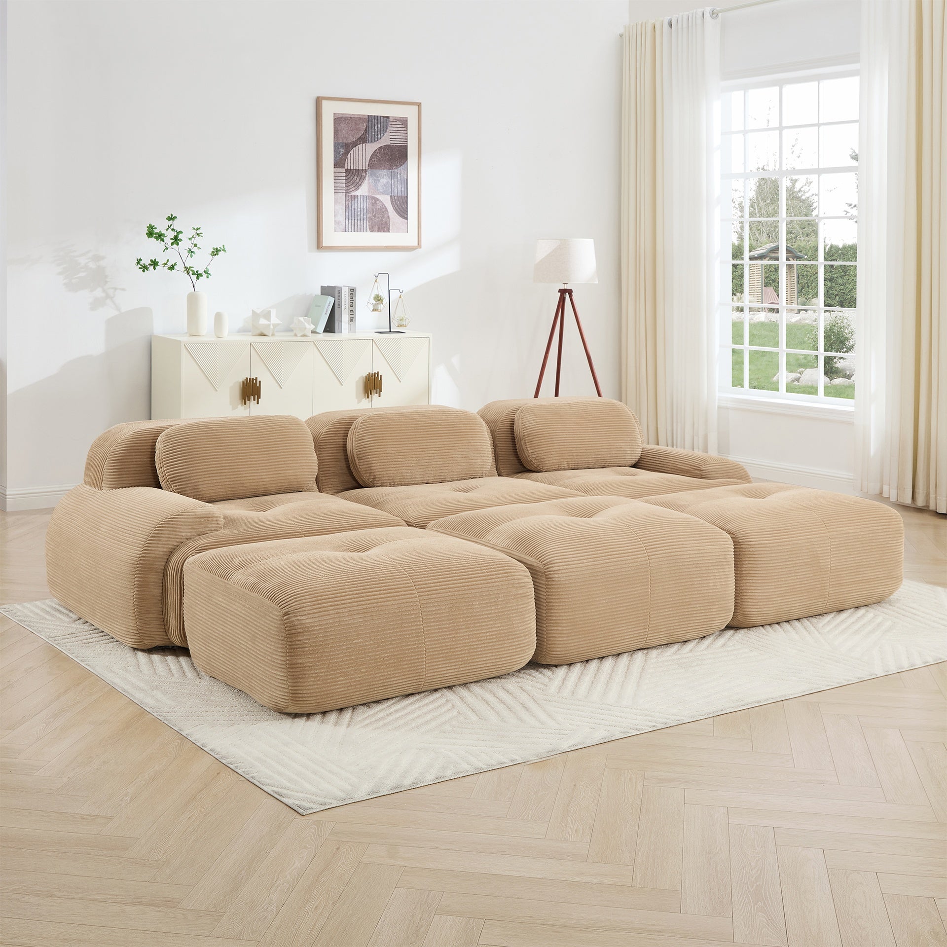 Three-seat modular sofa with 3 Ottomans corduroy fabric no assembly pet-friendly ultra-wide curved armrests 32D high-resilience sponge living rooms media rooms,Camel