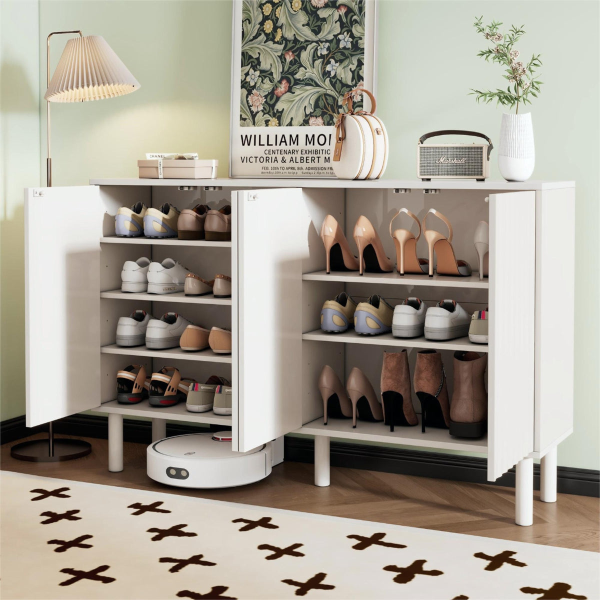 ON-TREND Minimalist Shoe Cabinet with 5 Solid Wood Legs, Cream Style Sideboard Buffet Cabinet with Fluted Doors, Large 4-Door Storage Cabinet with Adjustable Shelves for Living Room, White, 55.1*13.7"