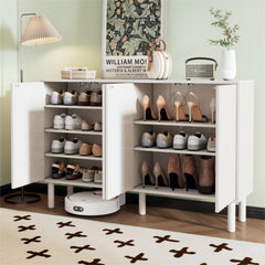ON-TREND Minimalist Shoe Cabinet with 5 Solid Wood Legs, Cream Style Sideboard Buffet Cabinet with Fluted Doors, Large 4-Door Storage Cabinet with Adjustable Shelves for Living Room, White, 55.1*13.7"