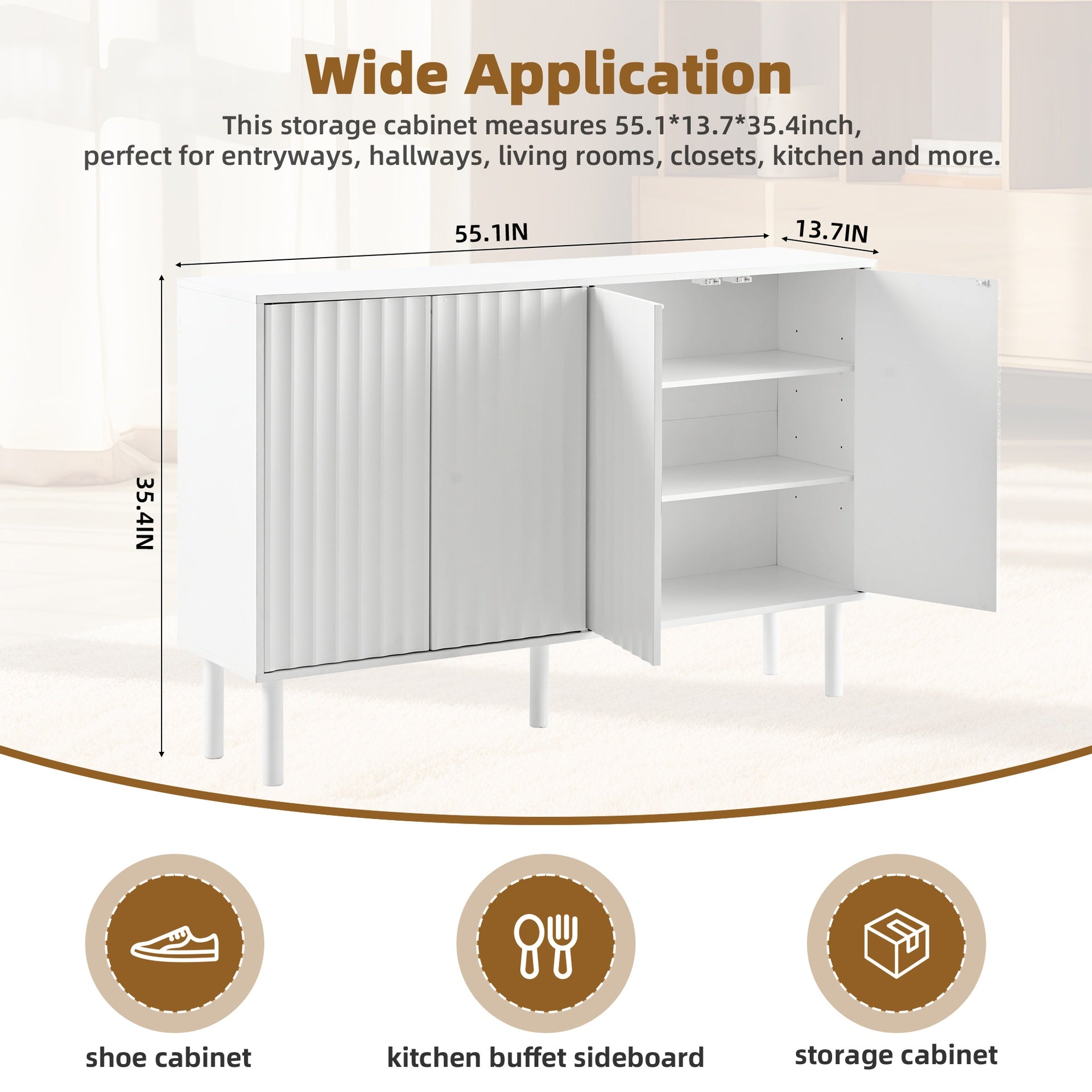 ON-TREND Minimalist Shoe Cabinet with 5 Solid Wood Legs, Cream Style Sideboard Buffet Cabinet with Fluted Doors, Large 4-Door Storage Cabinet with Adjustable Shelves for Living Room, White, 55.1*13.7"