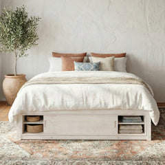 Queen Size Platform Bed Frame with 4 Storage Drawers and Footboard Storage Cubby, No Headboard, Modern Space-Saving Design-Antique White