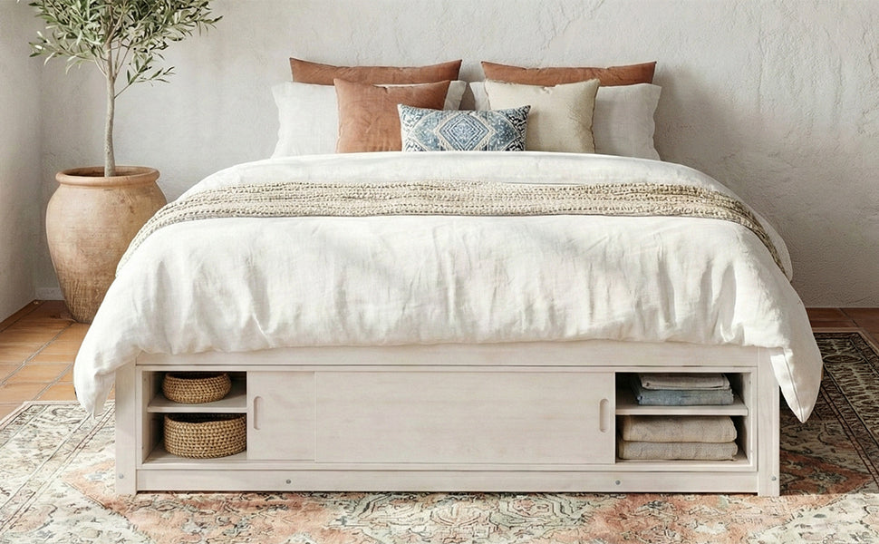 Queen Size Platform Bed Frame with 4 Storage Drawers and Footboard Storage Cubby, No Headboard, Modern Space-Saving Design-Antique White