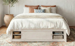 Queen Size Platform Bed Frame with 4 Storage Drawers and Footboard Storage Cubby, No Headboard, Modern Space-Saving Design-Antique White
