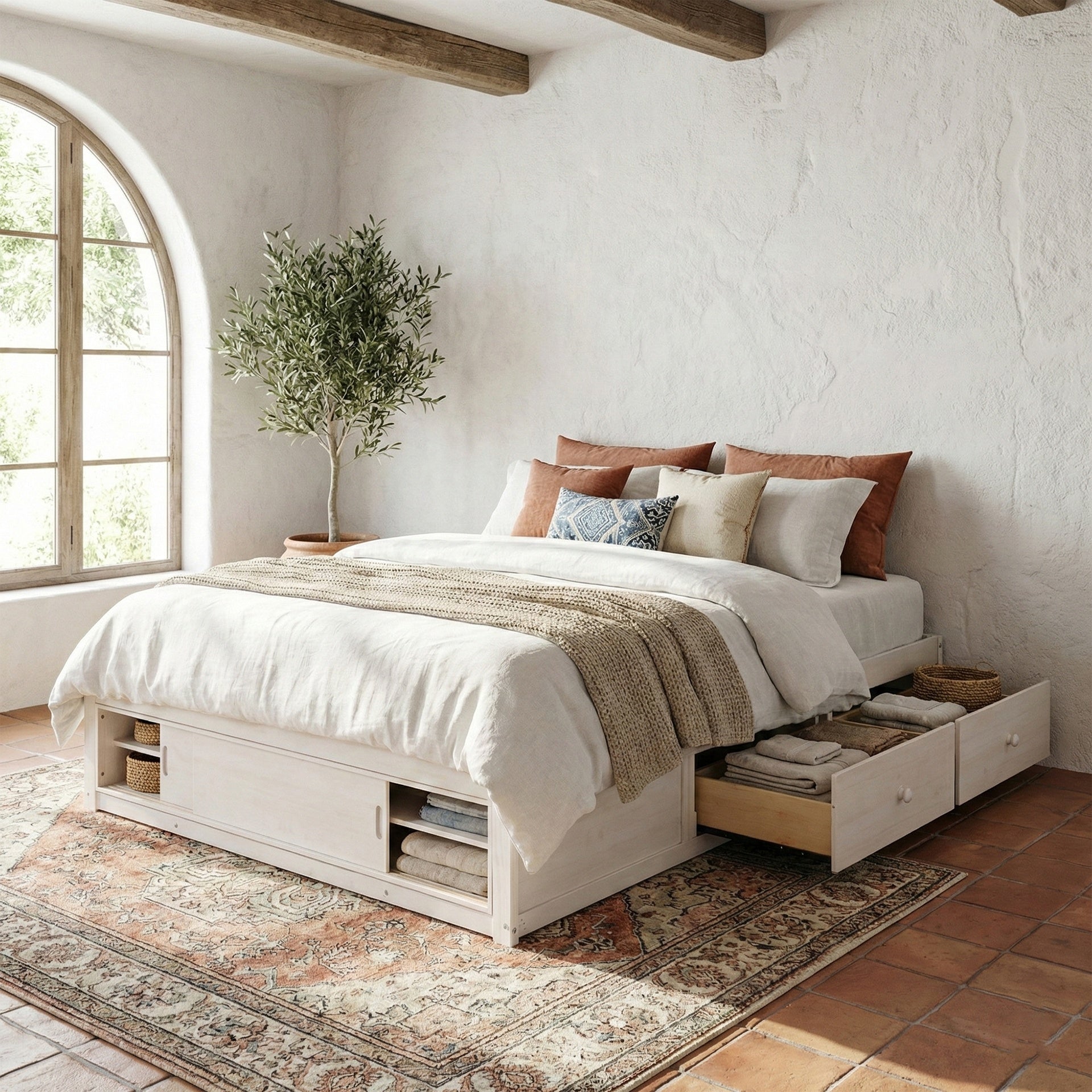 Queen Size Platform Bed Frame with 4 Storage Drawers and Footboard Storage Cubby, No Headboard, Modern Space-Saving Design-Antique White