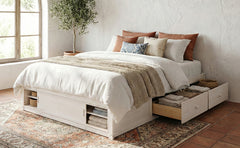 Queen Size Platform Bed Frame with 4 Storage Drawers and Footboard Storage Cubby, No Headboard, Modern Space-Saving Design-Antique White