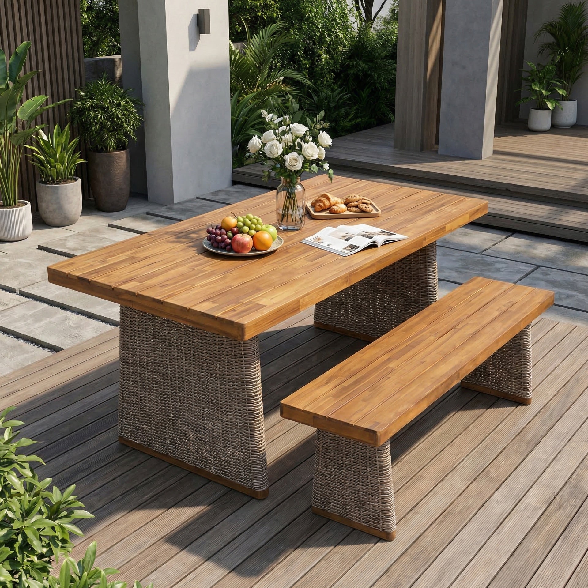 Outdoor Acacia Wood Dining Table Set with 1 Table and 1 Bench,Brown