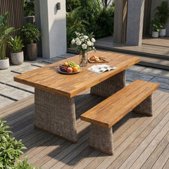 Outdoor Acacia Wood Dining Table Set with 1 Table and 1 Bench,Brown