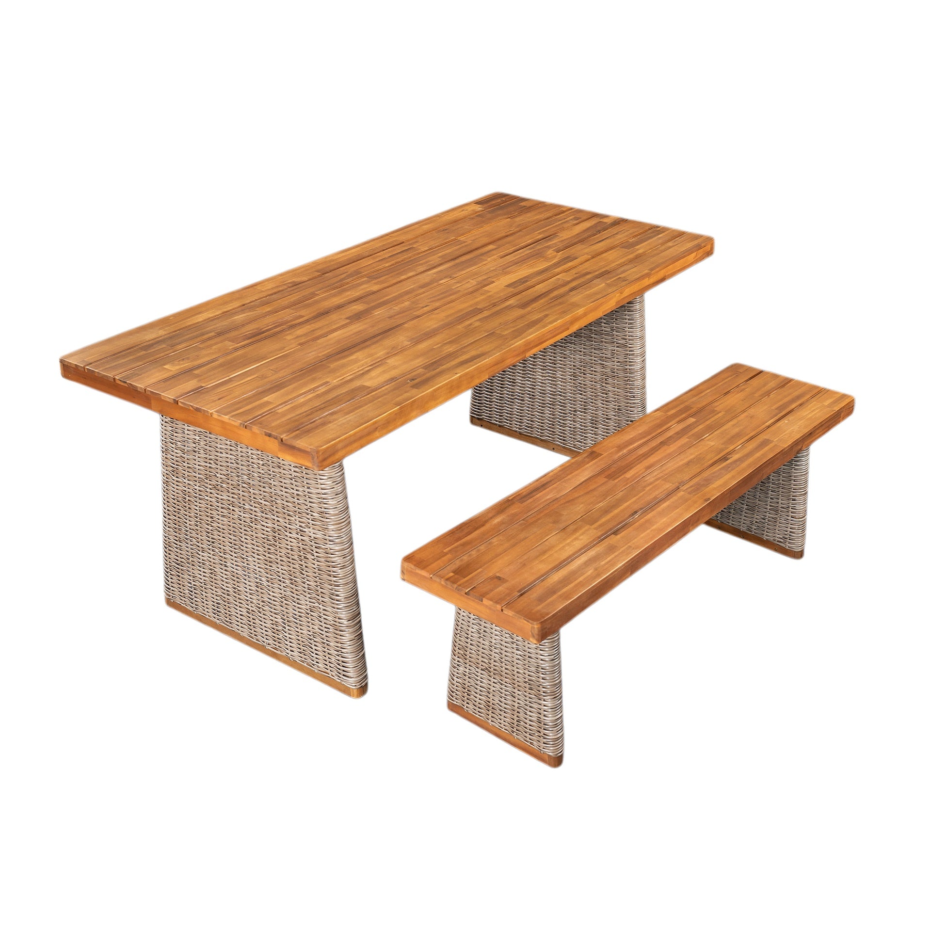 Outdoor Acacia Wood Dining Table Set with 1 Table and 1 Bench,Brown
