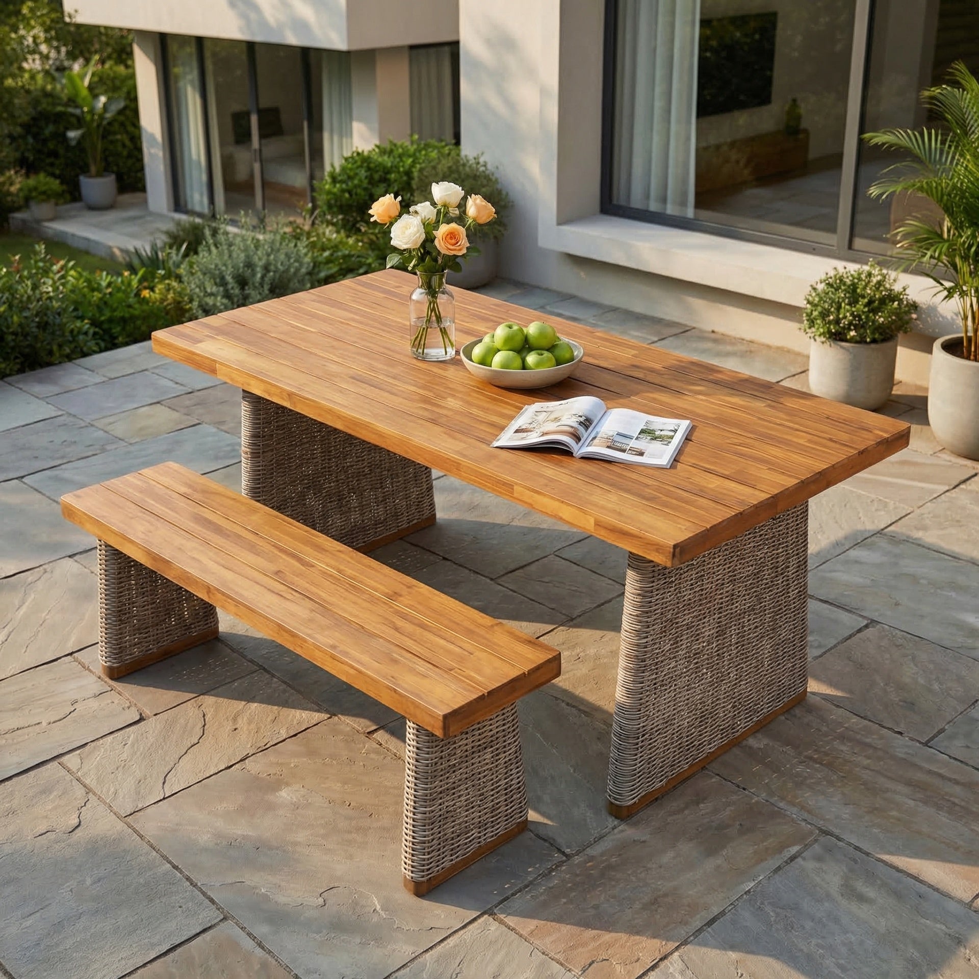 Outdoor Acacia Wood Dining Table Set with 1 Table and 1 Bench,Brown