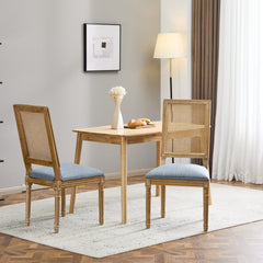 [Set of 2] French Country Dining Chairs - Elegant Cane Backrest & Upholstered Seats with Fluted Legs - Rustic Weathered Finish - Solid Rubberwood Frame - Vintage Inspired Kitchen & Dining Room Chairs