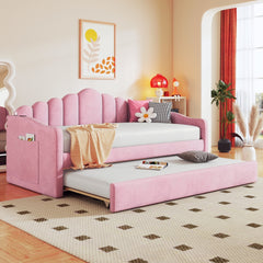 Twin size Upholstered Daybed with Trundle ,Velvet Sofabed with USB Charging Ports,No Box-spring Needed,Pink(Old SKU HL000067AAH)