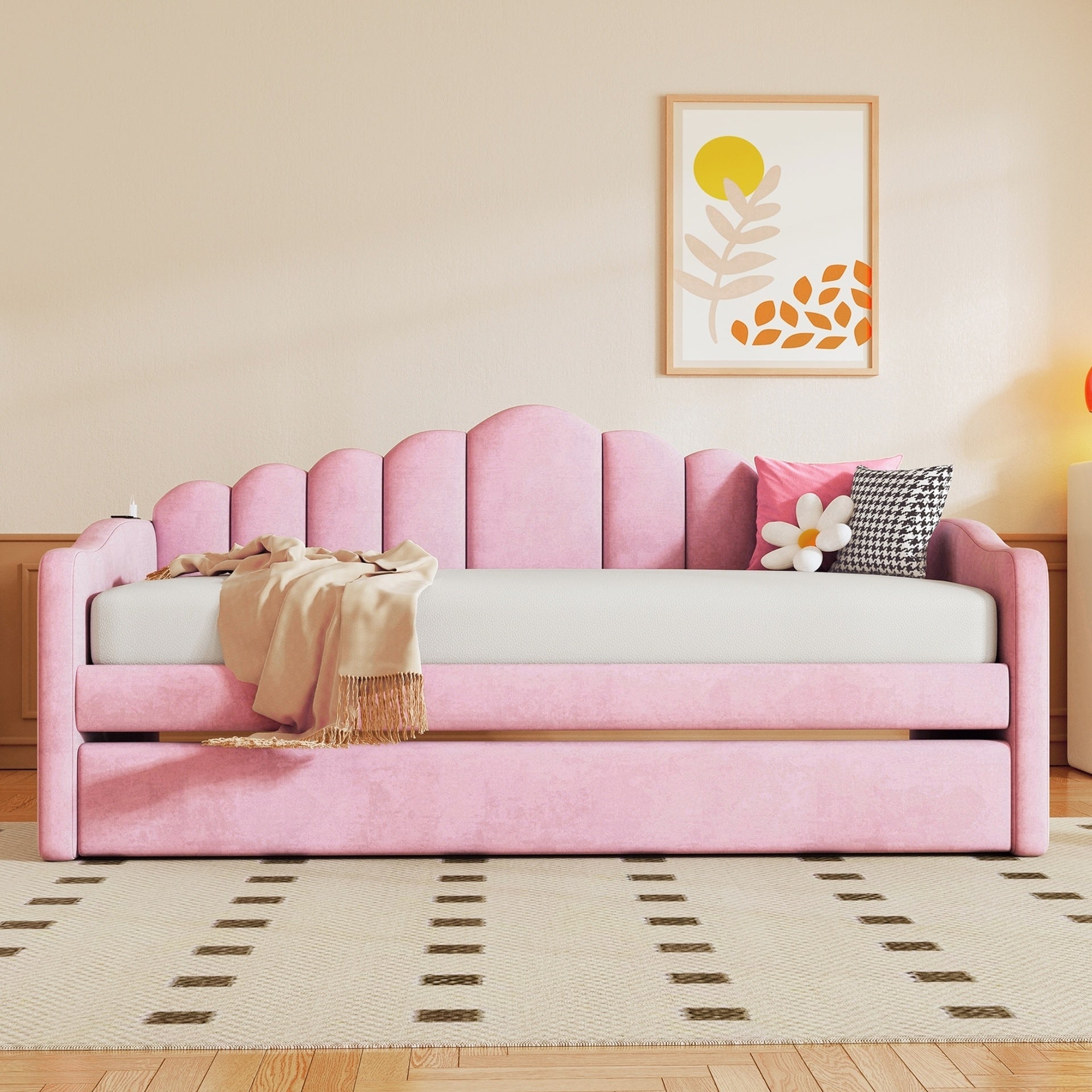 Twin size Upholstered Daybed with Trundle ,Velvet Sofabed with USB Charging Ports,No Box-spring Needed,Pink(Old SKU HL000067AAH)