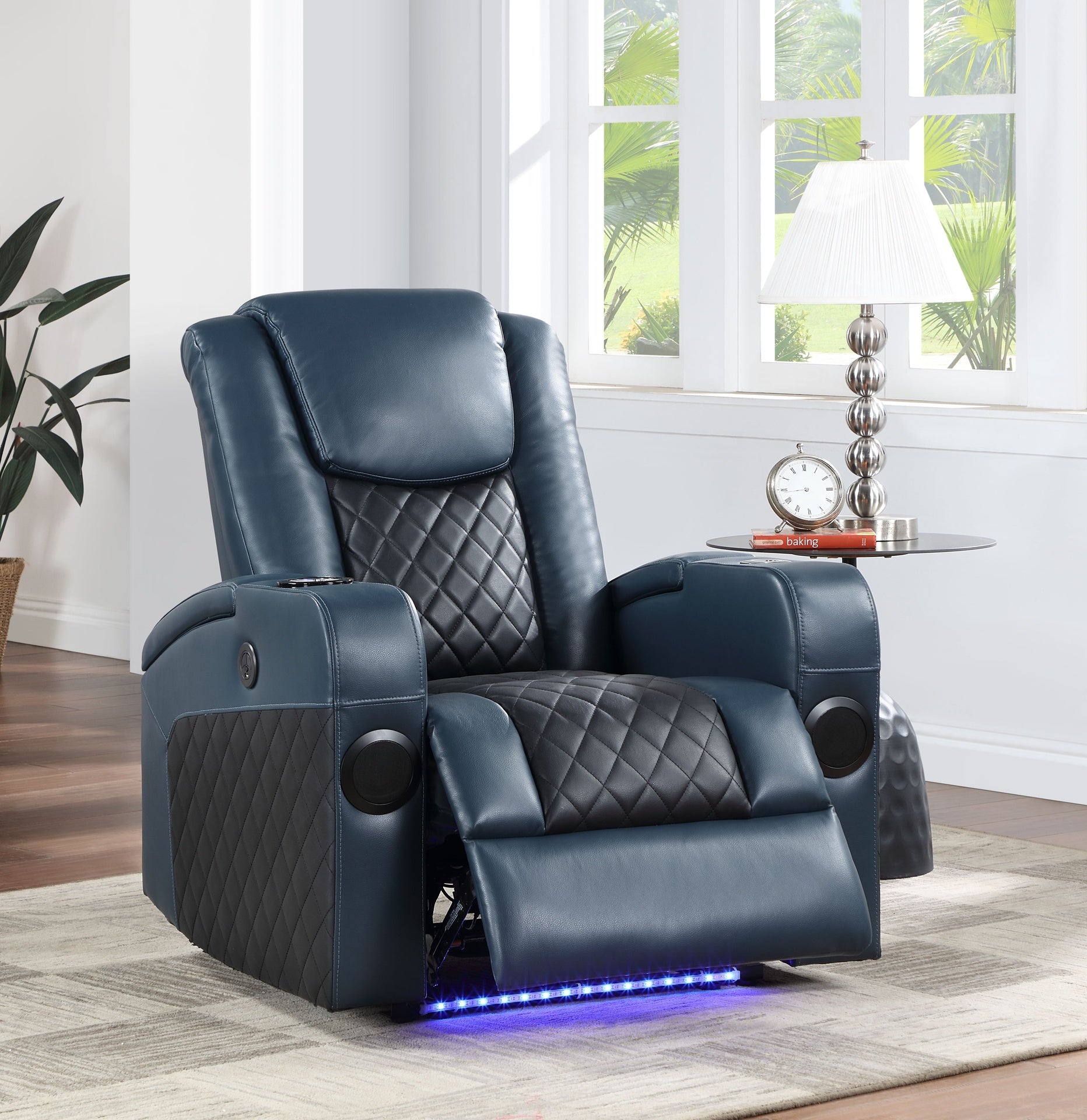 Alair Blue & Black Leather Aire Power Motion Recliner W/Bluetooth, Wireless Charger & Cupholder