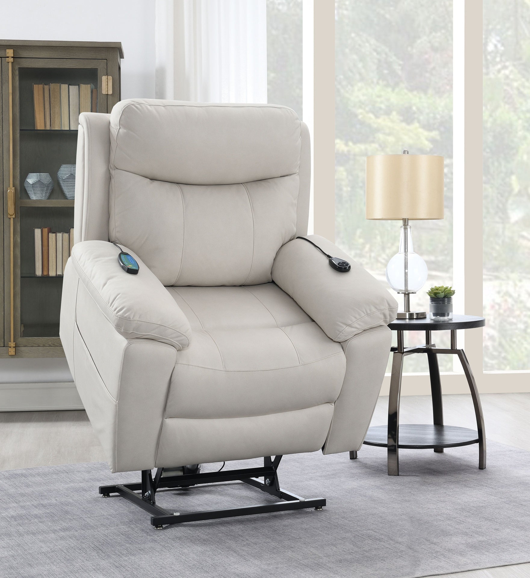 Chriki Beige Polished Microfiber Power Motion Recliner with Lift, Heating & Massage Chair