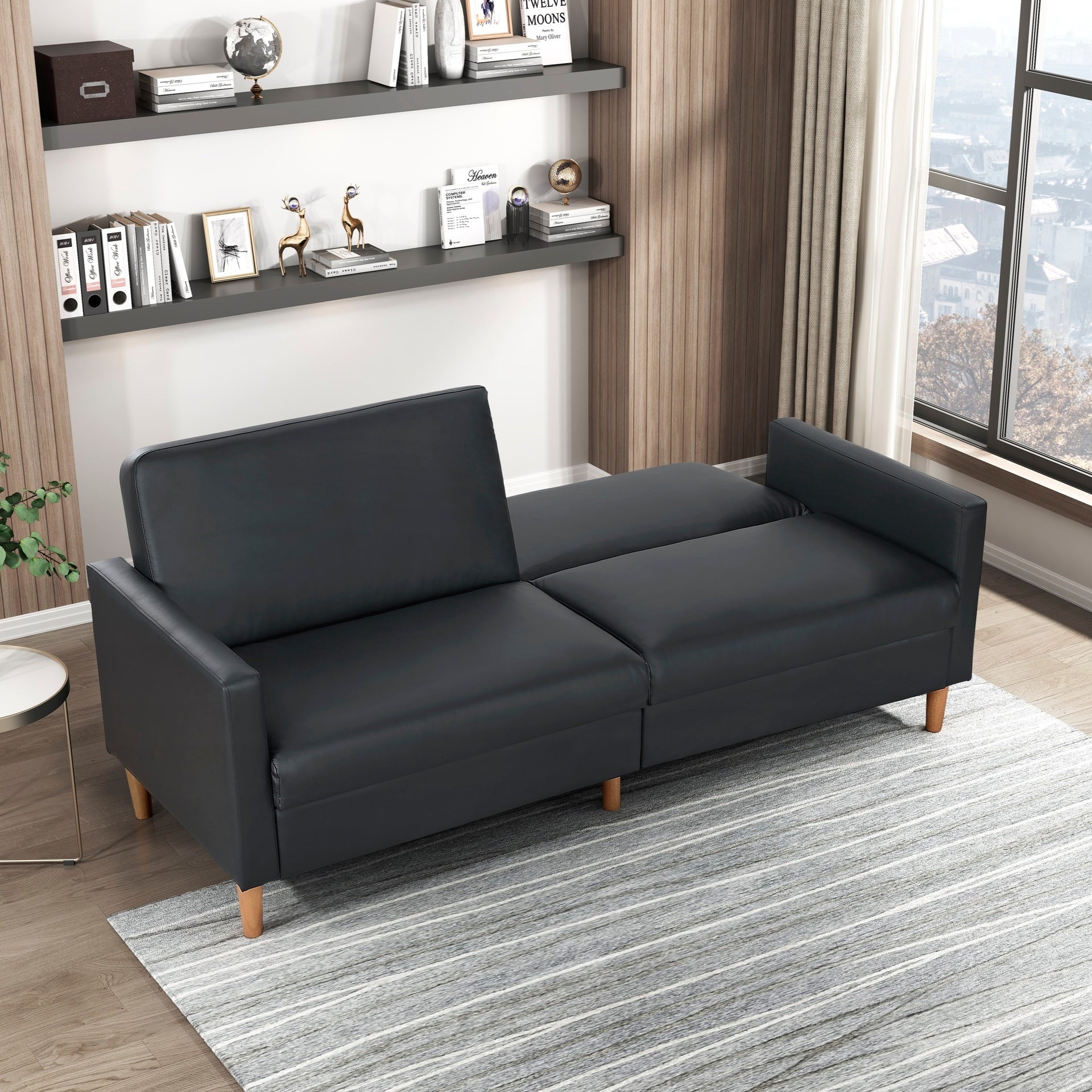 Comfort Sleeper Sofa Black Faux Leather Upholstery Modern Furniture Durable Plywood Frame Elegant Lounger 1pc