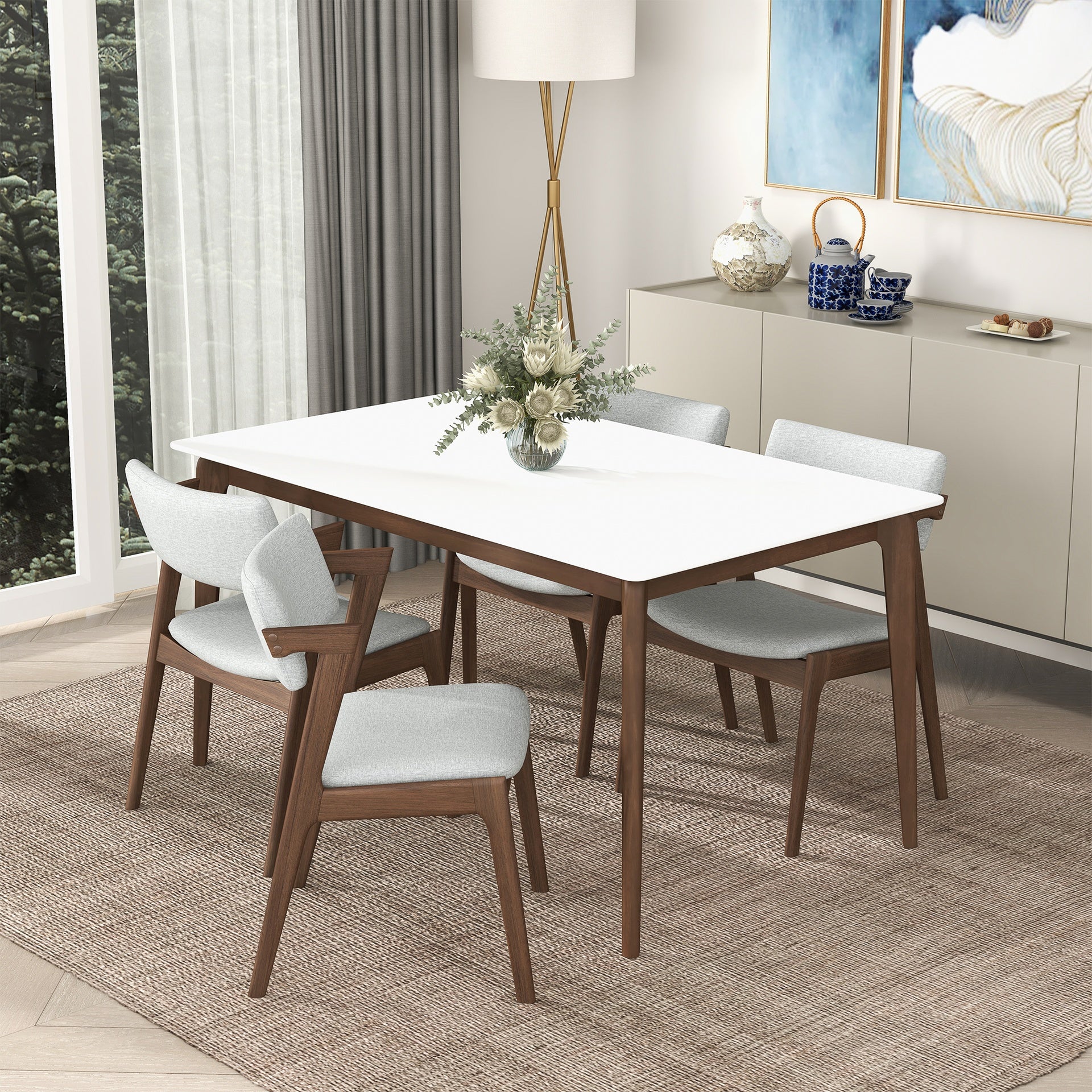 Lindsey Mid-Century Modern Solid Wood Dining Table with White Top and Walnut Legs, 59 inches for Bedroom Hallway, Entryway