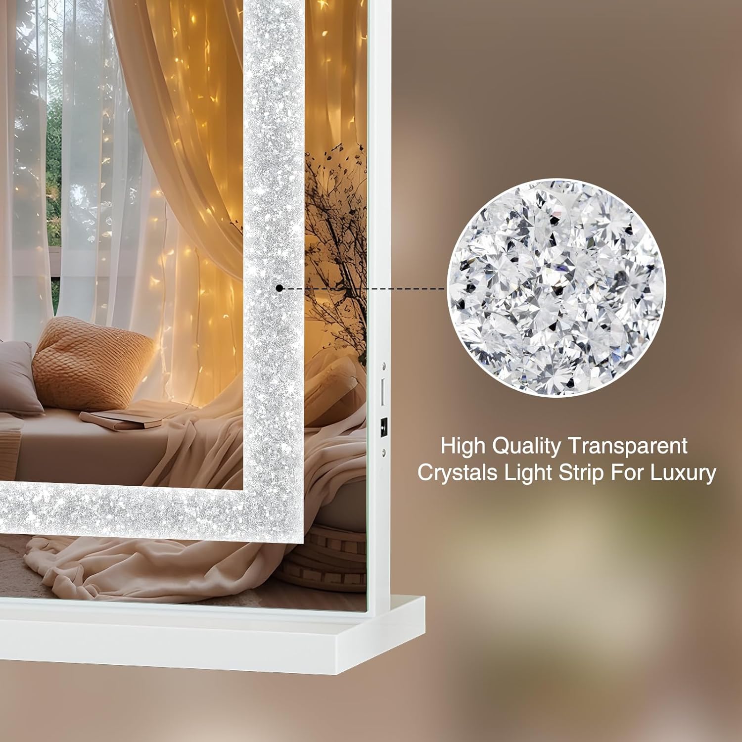 Vanity Mirror with Lights 31.5" x 22.8" Makeup Mirror with Crystal Light Strip and Hollywood Vanity Mirror wtih Smart Touch Control 3 Colors Dimmable Light Strip & 10X Magnification,White