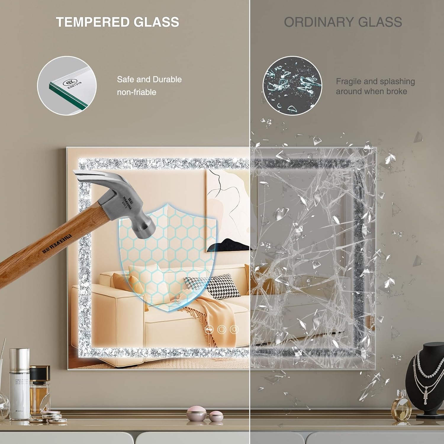 Vanity Mirror with Lights 31.5" x 22.8" Makeup Mirror with Crystal Light Strip and Hollywood Vanity Mirror wtih Smart Touch Control 3 Colors Dimmable Light Strip & 10X Magnification,White