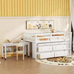 Twin Size Loft Bed with Retractable Writing Desk and 4 Drawers, Wooden Loft Bed with Lateral Portable Desk and Shelves, White